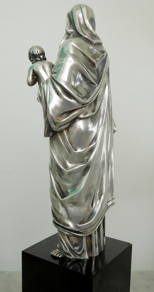 Statue Vierge à l'Enfant en bronze argenté sur socle en ébène - 39cm