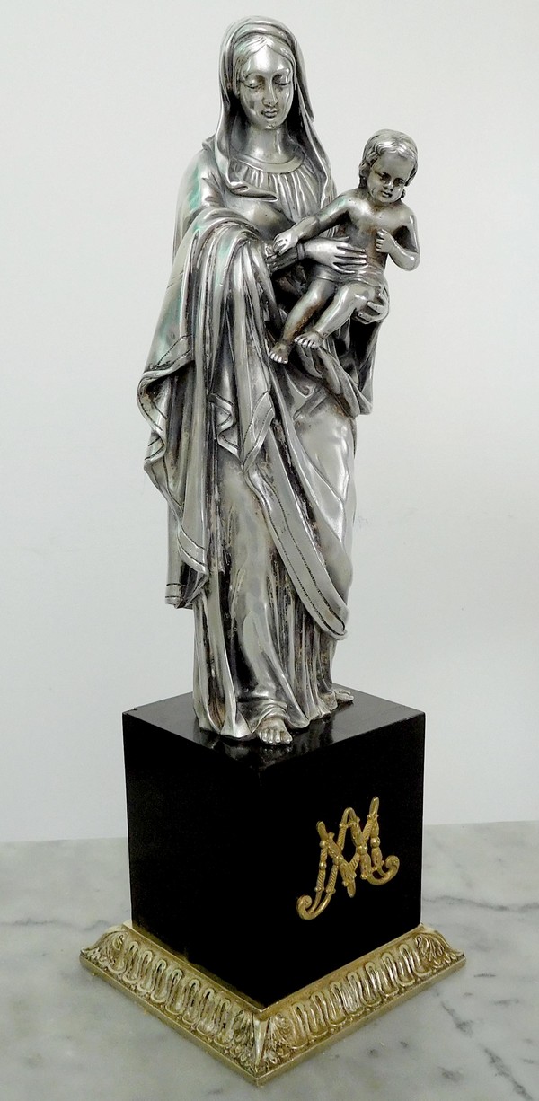 Statue Vierge à l'Enfant en bronze argenté sur socle en ébène - 39cm