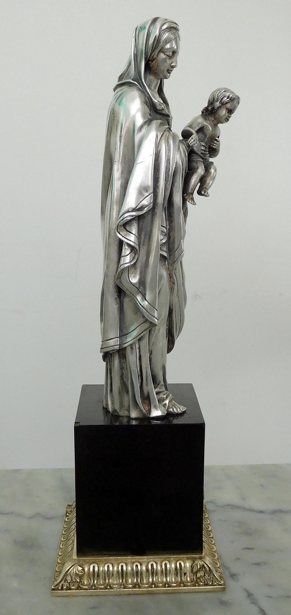 Statue Vierge à l'Enfant en bronze argenté sur socle en ébène - 39cm