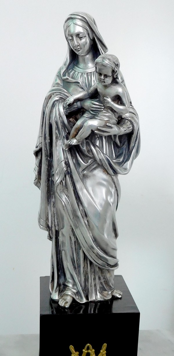 Madonna and Child statue - silver plated bronze and ebony