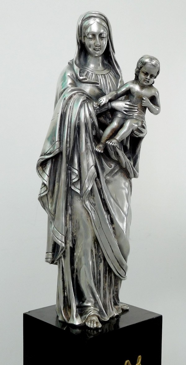 Madonna and Child statue - silver plated bronze and ebony