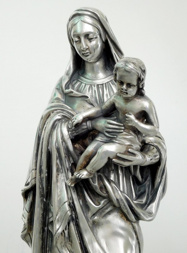 Statue Vierge à l'Enfant en bronze argenté sur socle en ébène - 39cm