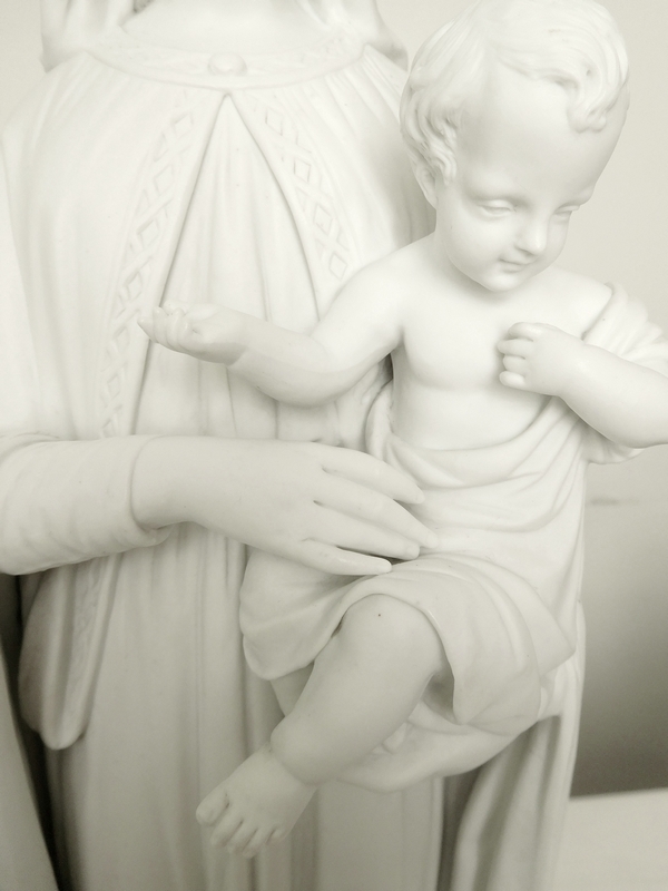 Tall porcelain biscuit statue : Virgin Mary and Child - France circa 1860