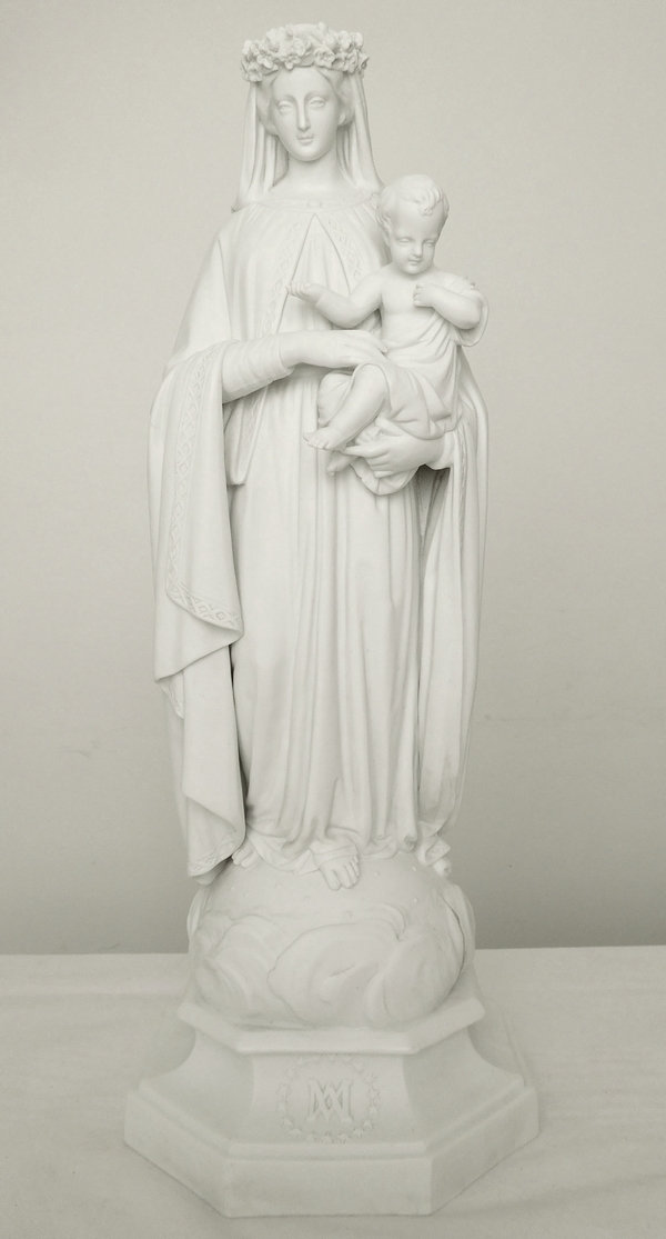 Tall porcelain biscuit statue : Virgin Mary and Child - France circa 1860