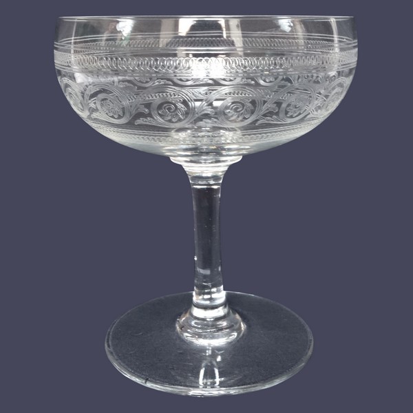 Baccarat crystal champagne glass, Athenian engraved pattern