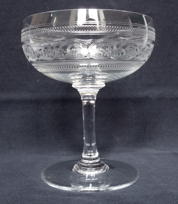 Baccarat crystal champagne glass, Athenian engraved pattern