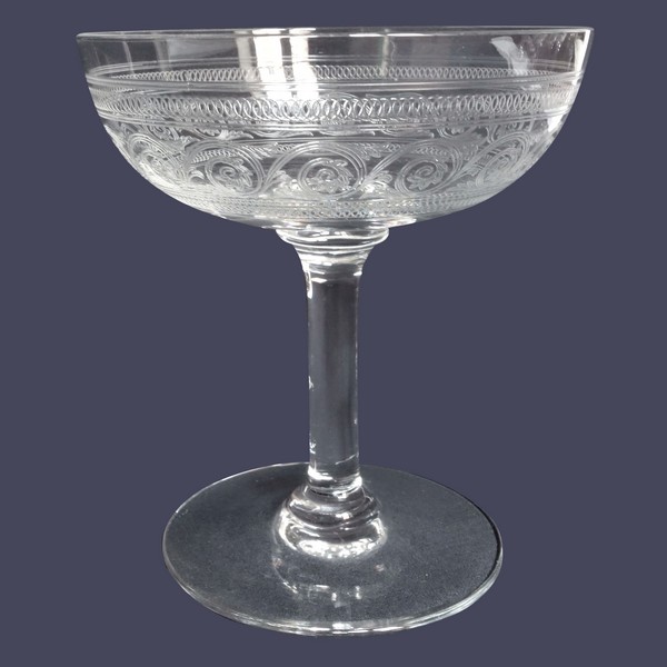 Baccarat crystal champagne glass, Athenian engraved pattern