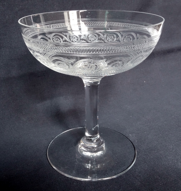 Baccarat crystal champagne glass, Athenian engraved pattern