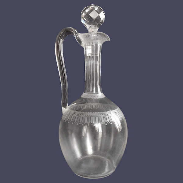 Baccarat crystal ewer / decanter / bottle, Louis XVI style engraving