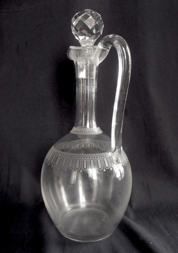 Baccarat crystal ewer / decanter / bottle, Louis XVI style engraving