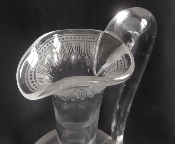 Baccarat crystal ewer / decanter / bottle, Louis XVI style engraving