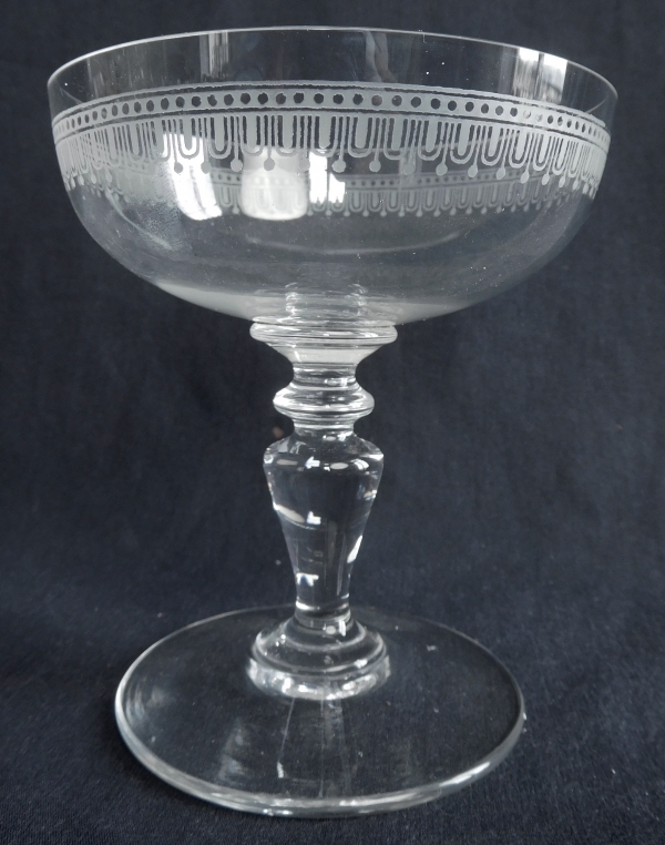 Baccarat crystal champagne glass, Louis XVI style engraving