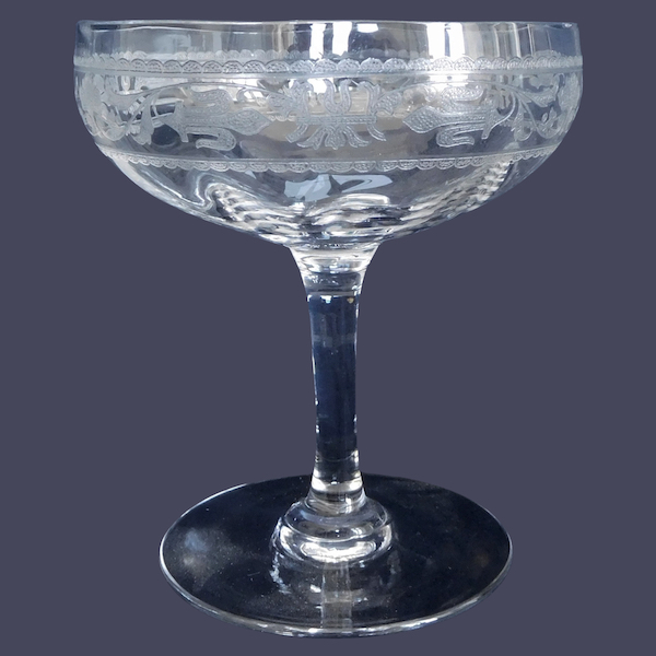 Baccarat crystal champagne glass, Chablis pattern, Renaissance style engraved with fleur de lys