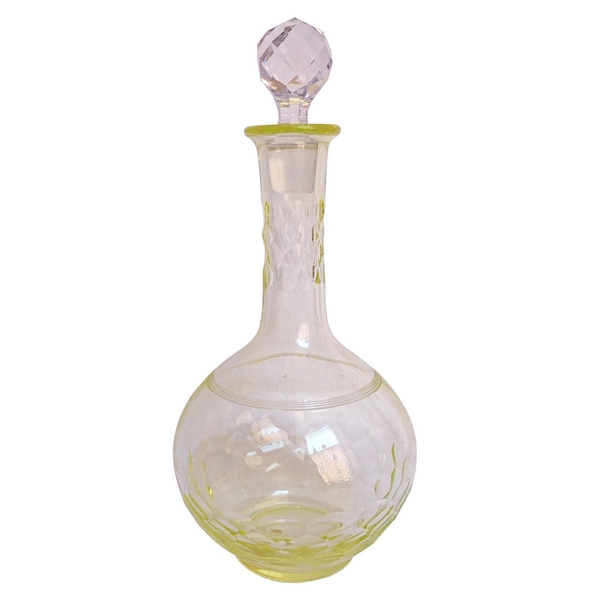 Baccarat crystal liquor decanter, Chauny pattern, rare light yellow colour, original paper sticker