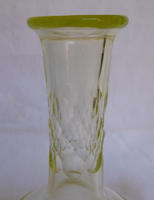 Baccarat crystal liquor decanter, Chauny pattern, rare light yellow colour, original paper sticker