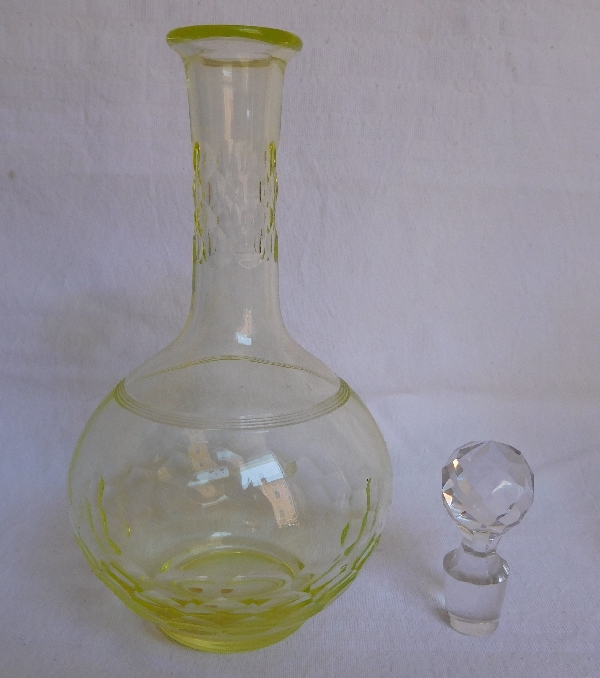 Baccarat crystal liquor decanter, Chauny pattern, rare light yellow colour, original paper sticker