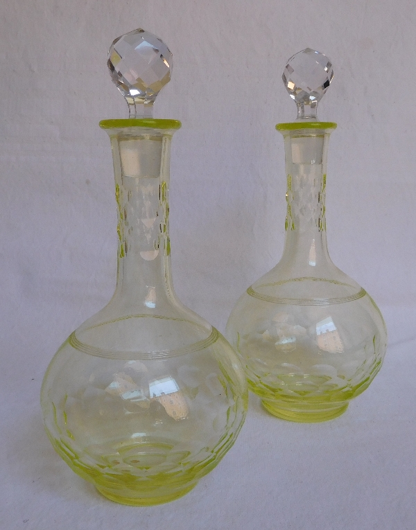 Baccarat crystal liquor decanter, Chauny pattern, rare light yellow colour, original paper sticker