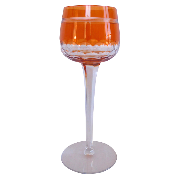 Baccarat crystal champagne glass, Chauny pattern, orange overlay crystal