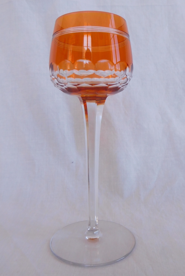 Baccarat crystal champagne glass, Chauny pattern, orange overlay crystal