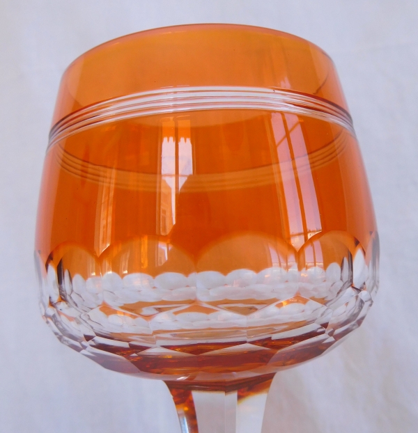 Baccarat crystal champagne glass, Chauny pattern, orange overlay crystal