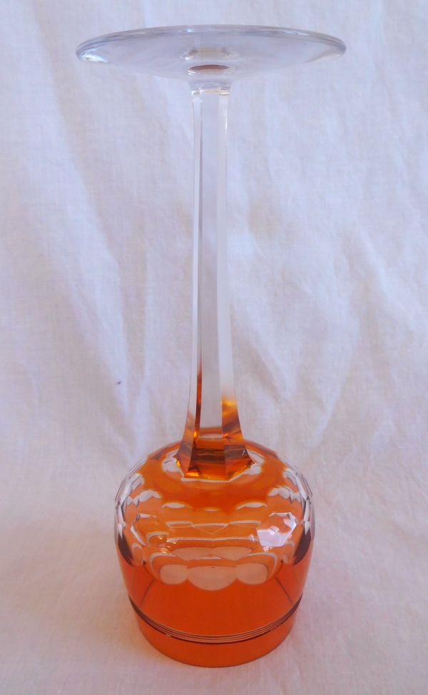 Baccarat crystal champagne glass, Chauny pattern, orange overlay crystal