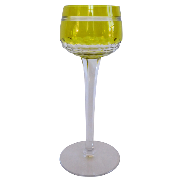 Baccarat crystal champagne glass, Chauny pattern, light green overlay crystal