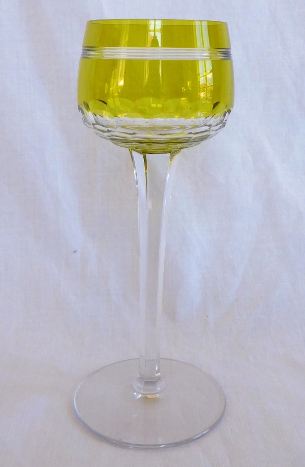 Baccarat crystal champagne glass, Chauny pattern, light green overlay crystal