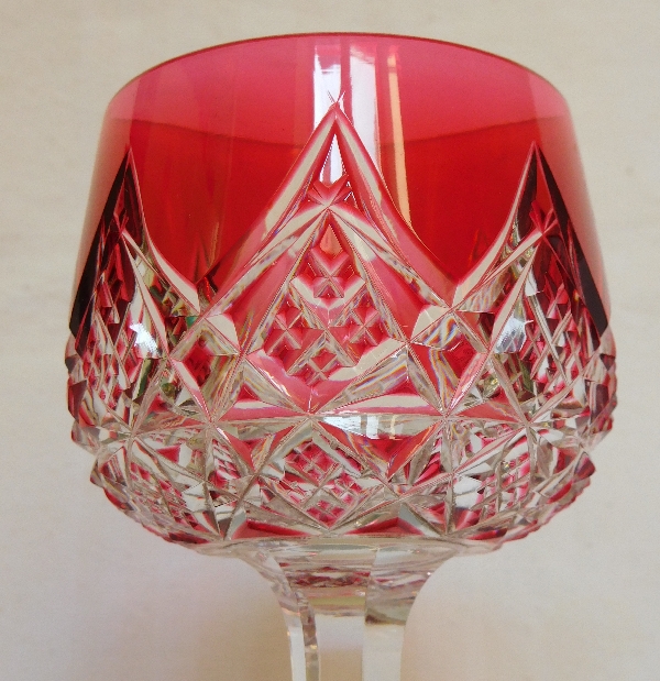 Baccarat crystal hock glass, Colbert pattern, pink overlay crystal - 19.5cm