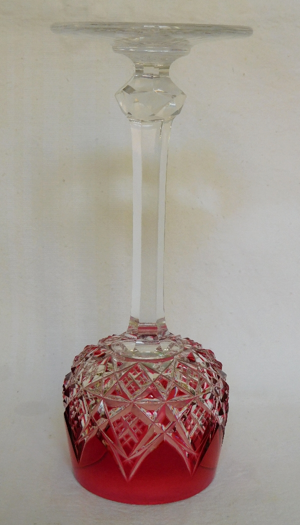 Baccarat crystal hock glass, Colbert pattern, pink overlay crystal - 19.5cm