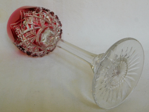 Baccarat crystal hock glass, Colbert pattern, pink overlay crystal - 19.5cm