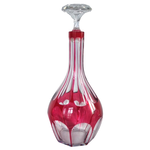 Baccarat crystal bottle / decanter, pink overlay crystal, Compiegne pattern / Malmaison pattern