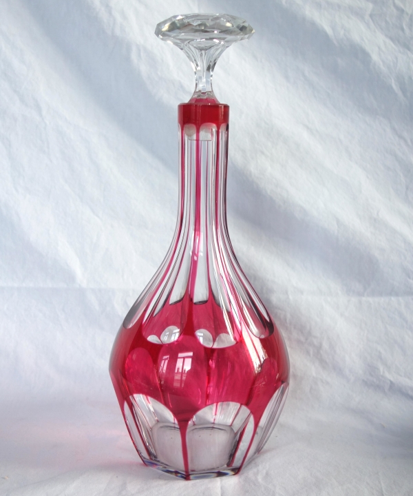 Baccarat crystal bottle / decanter, pink overlay crystal, Compiegne pattern / Malmaison pattern