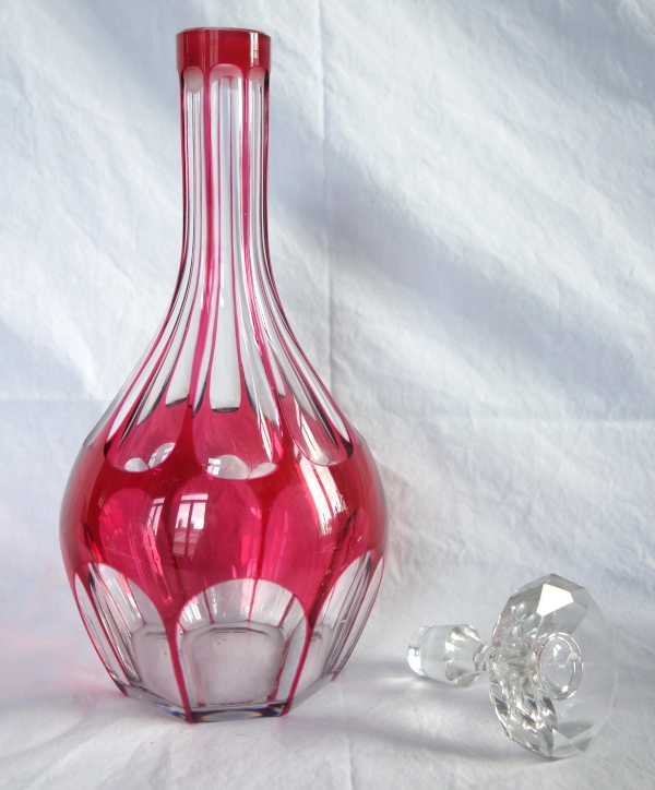 Baccarat crystal bottle / decanter, pink overlay crystal, Compiegne pattern / Malmaison pattern