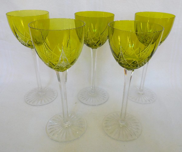 Baccarat crystal hock glass, Epron pattern, green overlay crystal