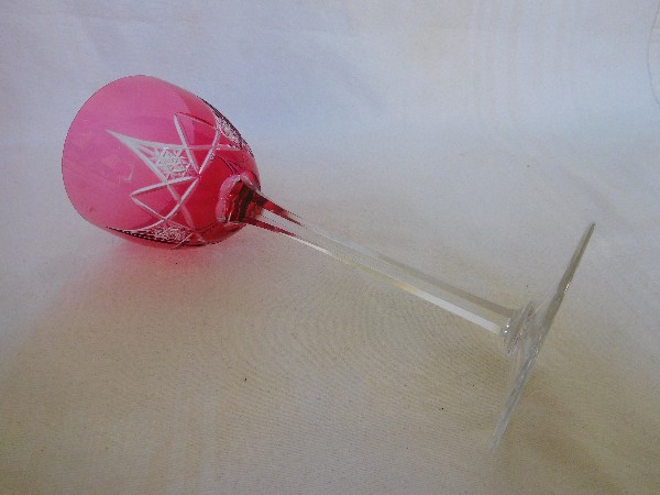 Baccarat crystal hock glass, Epron pattern, pink overlay crystal