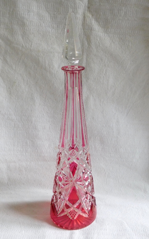 Pink overlay Baccarat crystal liquor decanter, Lagny pattern