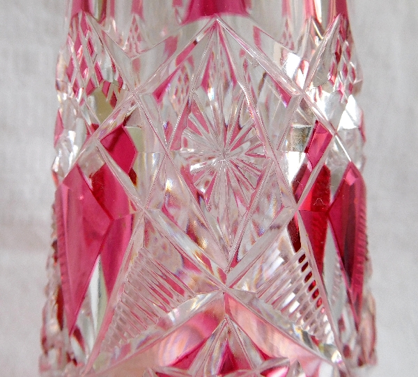 Pink overlay Baccarat crystal liquor decanter, Lagny pattern