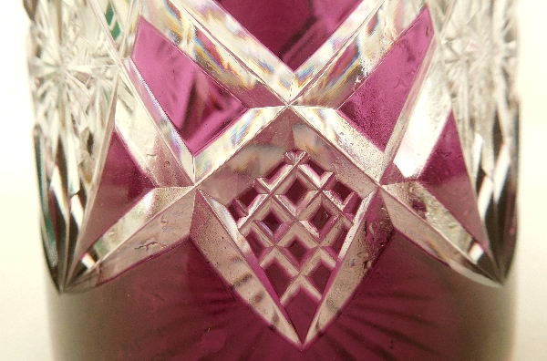 Tall purple overlay Baccarat crystal wine decanter, Lagny pattern