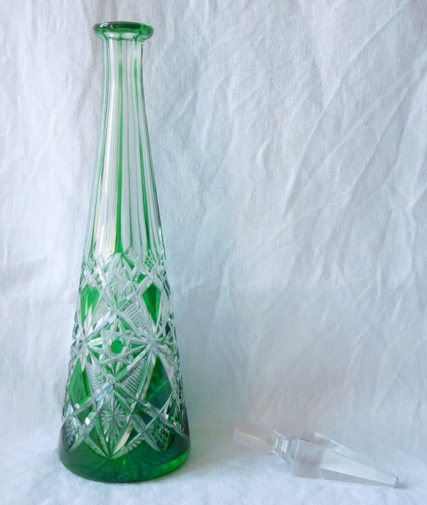 Green overlay Baccarat crystal liquor decanter, Lagny pattern