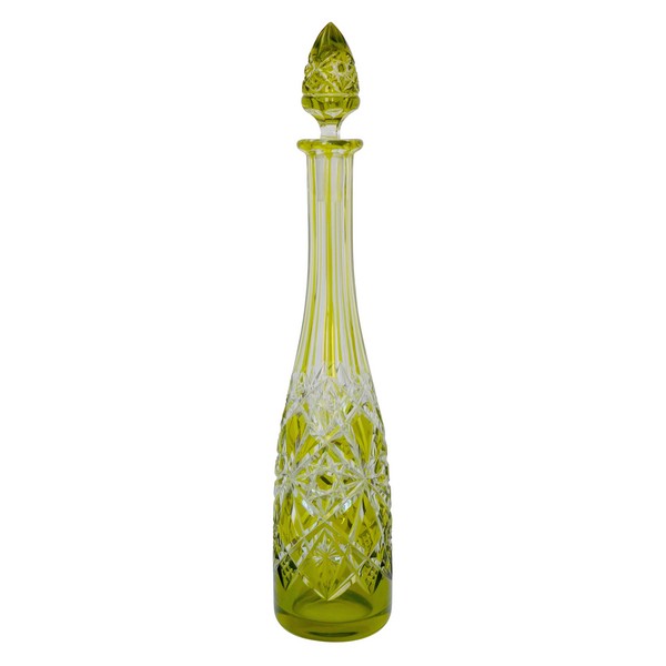 Baccarat crystal liquor decanter, Lagny pattern, light green overlay crystal