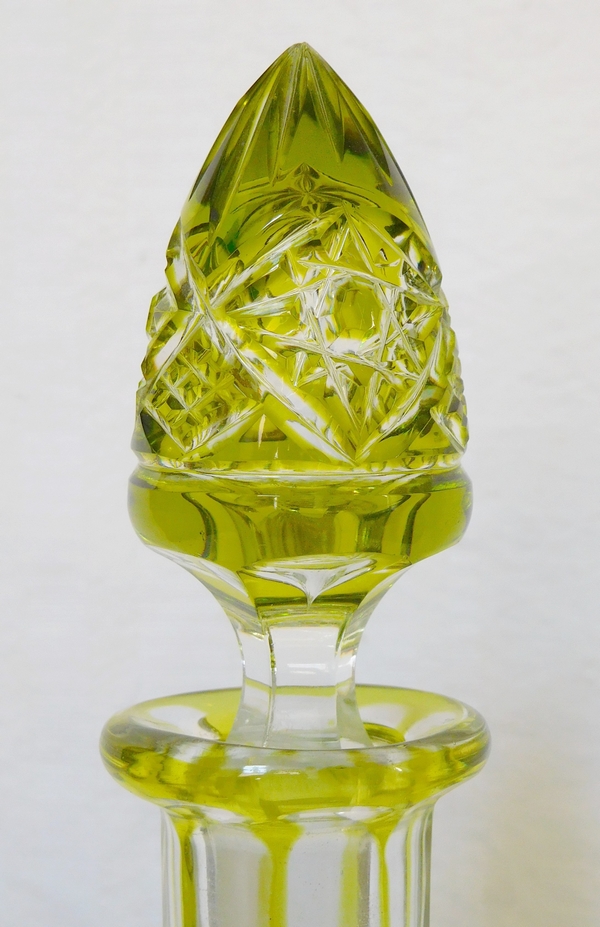 Baccarat crystal liquor decanter, Lagny pattern, light green overlay crystal