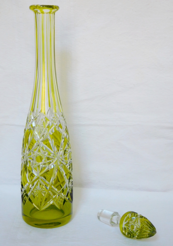 Baccarat crystal liquor decanter, Lagny pattern, light green overlay crystal