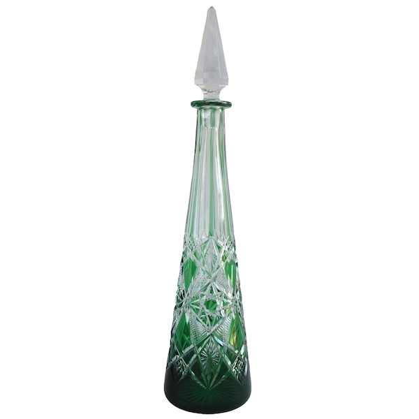 Green overlay Baccarat crystal wine bottle, Lagny pattern - 42cm