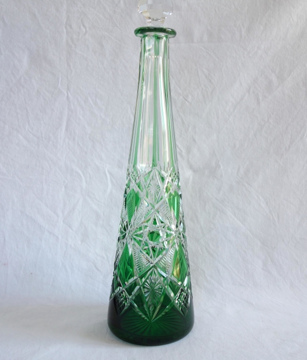 Green overlay Baccarat crystal wine bottle, Lagny pattern - 42cm