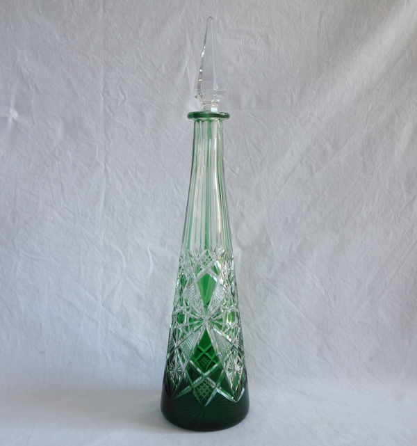 Green overlay Baccarat crystal wine bottle, Lagny pattern - 42cm