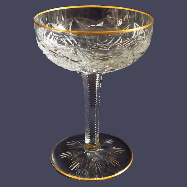 Baccarat crystal champagne glass, Lagny pattern gilt with fine gold