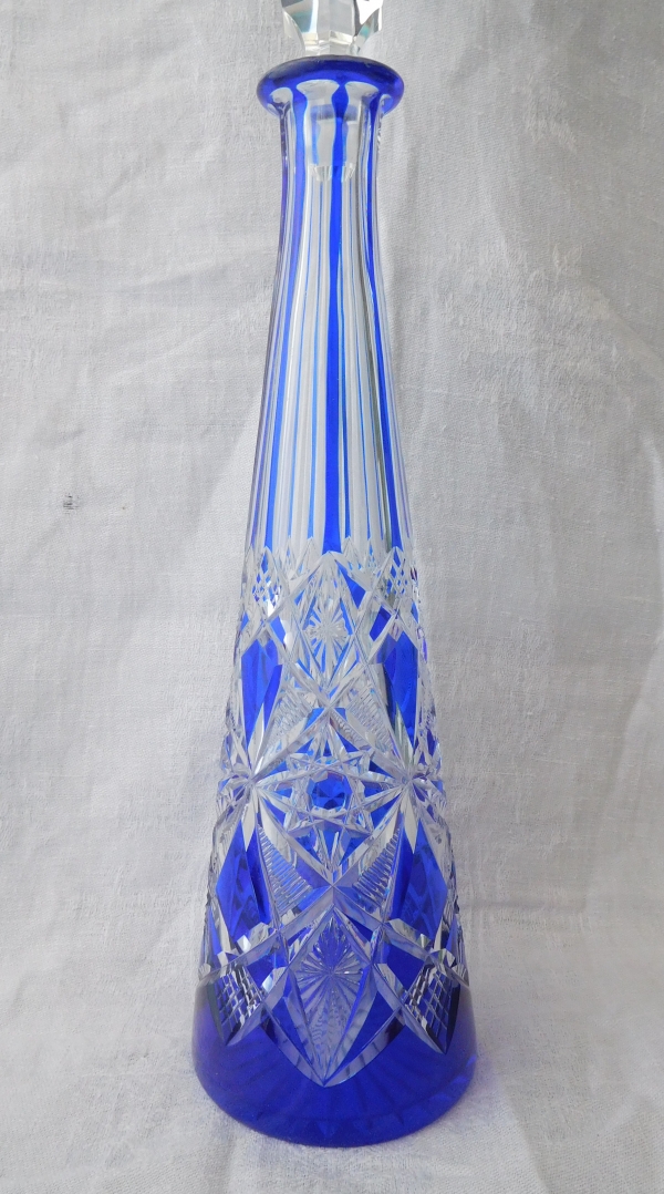 Blue overlay Baccarat crystal wine decanter, Lagny pattern