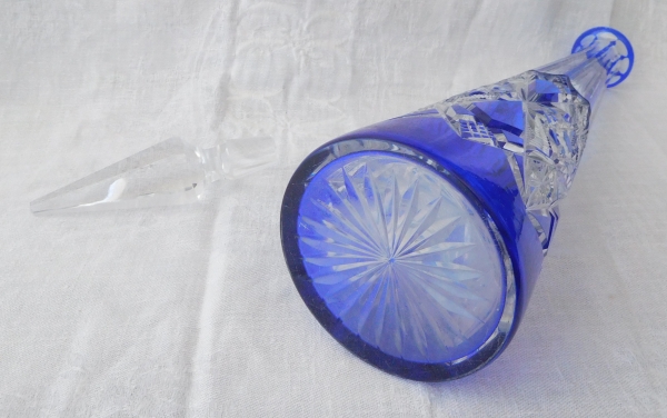 Blue overlay Baccarat crystal wine decanter, Lagny pattern