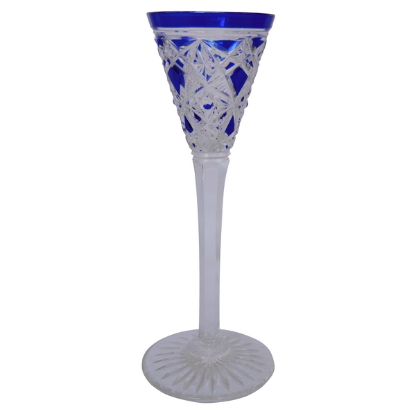 Baccarat crystal liquor glass, Lagny pattern, blue overlay crystal