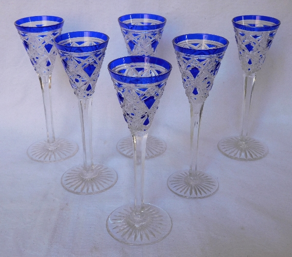 Baccarat crystal liquor glass, Lagny pattern, blue overlay crystal